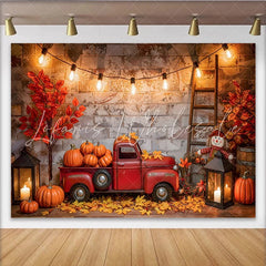 Lofaris Vintage Red Truck Autumn Harvest Backdrop with Pumpkins and Fall Leaves Rustic Brick Wall Background for Thanksgiving Party