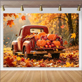 Lofaris Vintage Red Truck Autumn Photography Backdrop with Pumpkins and Leaves Rustic Fall Harvest Background for Seasonal Photoshoot Decor