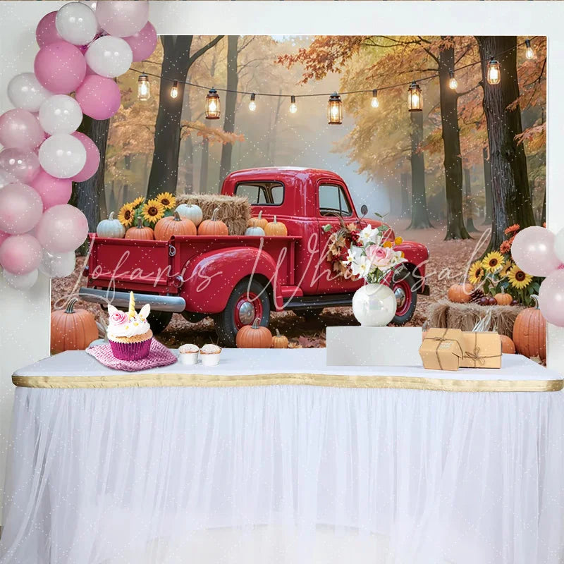 Lofaris Vintage Red Truck Thanksgiving Backdrop with Pumpkins and Sunflowers Autumn Fall Harvest Photography Background for Party