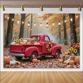 Lofaris Vintage Red Truck Thanksgiving Backdrop with Pumpkins and Sunflowers Autumn Fall Harvest Photography Background for Party