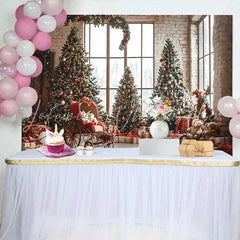 Lofaris Vintage Room Christmas Tree Photography Backdrop Teddy Bear Carriage Winter Holiday Party Background