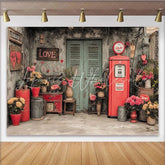 Lofaris Vintage Rustic Red Gas Pump Photography Backdrop Blue Door Love Sign and Floral Decor