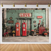 Lofaris Vintage Rustic Teal Old Storefront Photography Backdrop with Red Gas Pumps and LOVE Sign Floral Decor