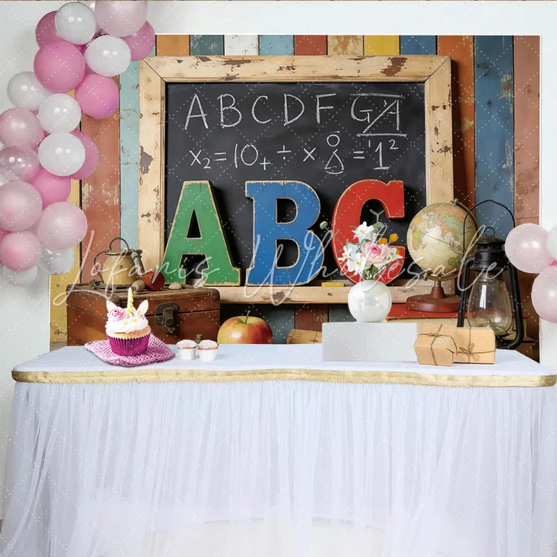 Lofaris Vintage School Photography Backdrop with Blackboard and ABC Letters Rustic Classroom Background for Kids Photoshoot
