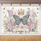 Lofaris Vintage Sketch Blue Butterfly Birthday Backdrop Floral Crown Drawing Background Girl Artistic Party Decor