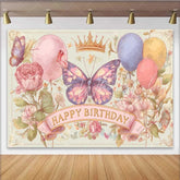 Lofaris Vintage Sketch Butterfly Birthday Backdrop Retro Floral Crown Background Girl Artistic Party Decoration