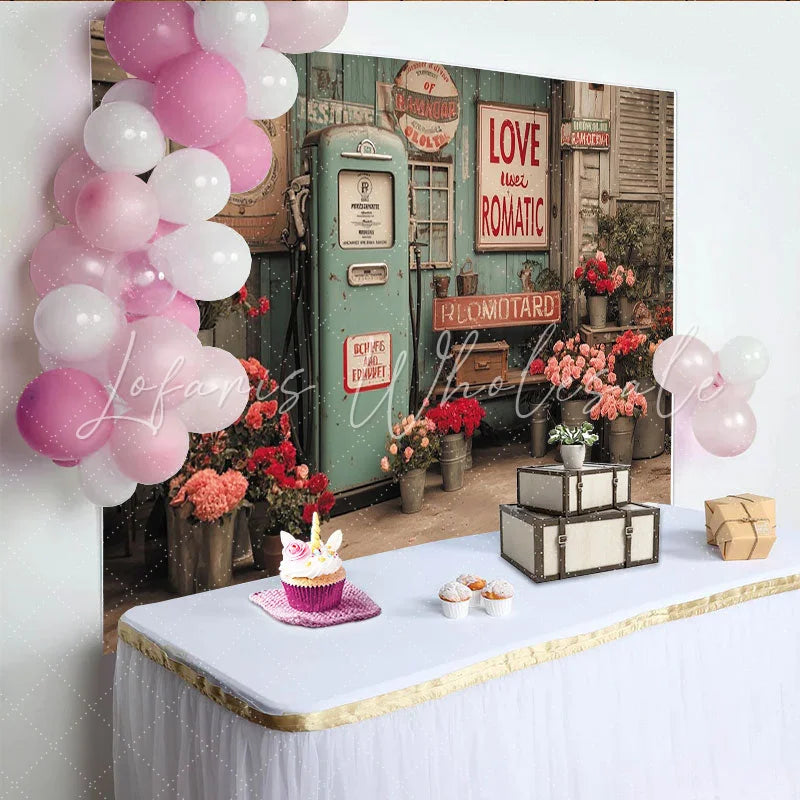 Lofaris Vintage Teal Gas Pump Photography Backdrop Rustic Wooden Wall with Abundant Red and Pink Flowers and Love Sign