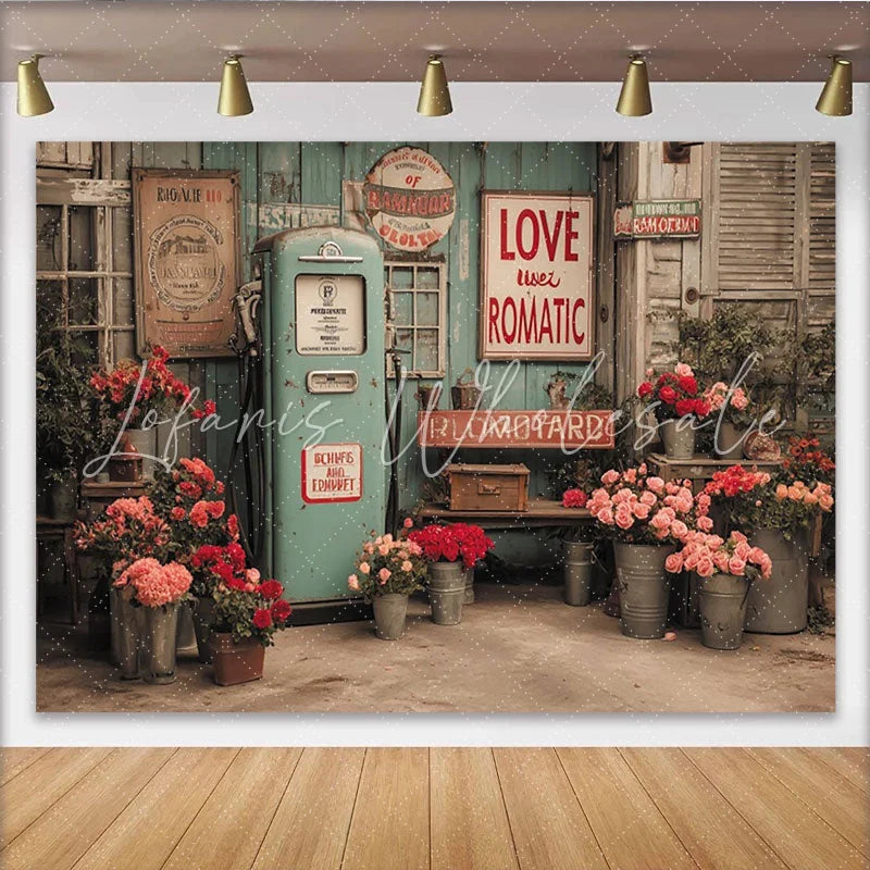 Lofaris Vintage Teal Gas Pump Photography Backdrop Rustic Wooden Wall with Abundant Red and Pink Flowers and Love Sign