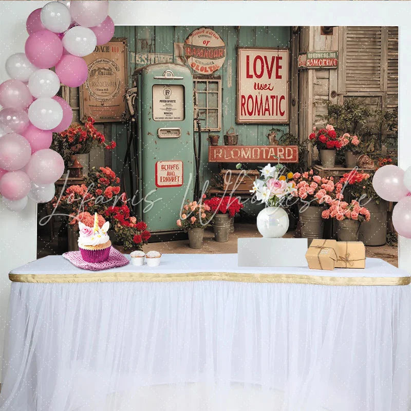 Lofaris Vintage Teal Gas Pump Photography Backdrop Rustic Wooden Wall with Abundant Red and Pink Flowers and Love Sign