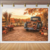 Lofaris Vintage Truck Autumn Harvest Backdrop with Pumpkins and Fall Foliage Rustic Photography Background for Thanksgiving Party Decor