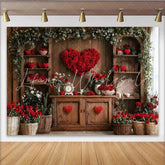 Lofaris Vintage Valentines Day Backdrop Heart Rose Wreath with Red Flowers and Rustic Decor