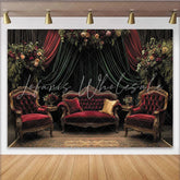 Lofaris Vintage Velvet Floral Photography Backdrop Luxurious Red Sofa and Green Drapes Studio Background for Elegant Portrait