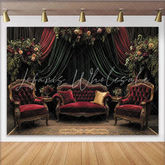Lofaris Vintage Velvet Floral Photography Backdrop Luxurious Red Sofa and Green Drapes Studio Background for Elegant Portrait