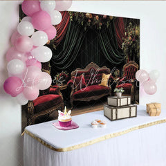 Lofaris Vintage Velvet Floral Photography Backdrop Luxurious Red Sofa and Green Drapes Studio Background for Elegant Portrait
