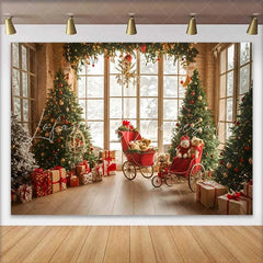 Lofaris Vintage Window Christmas Tree Photography Backdrop Red Carriage Teddy Bear Winter Holiday Party Background