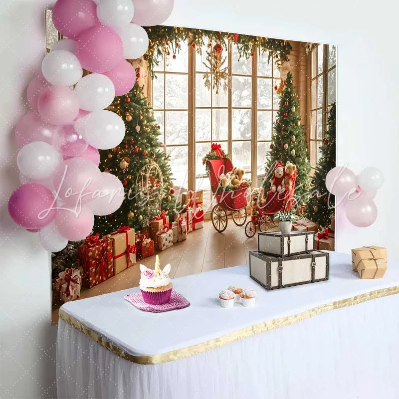 Lofaris Vintage Window Christmas Tree Photography Backdrop Red Carriage Teddy Bear Winter Holiday Party Background