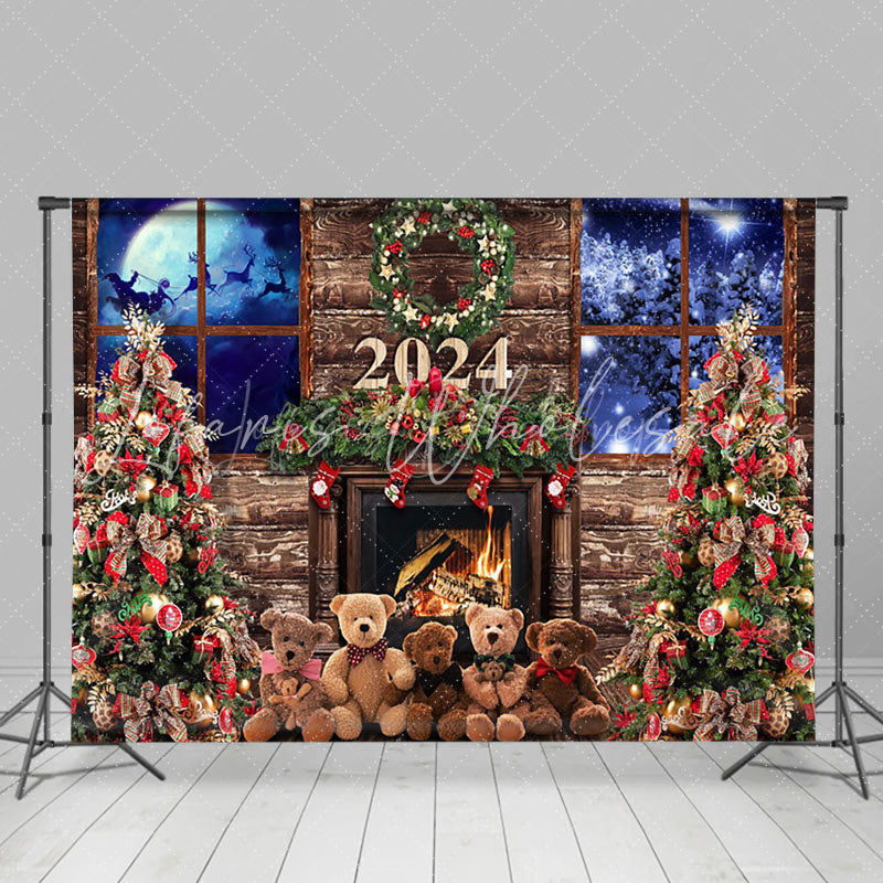 Lofaris Vintage Wood Fireplace Window Night Xmas Backdrop