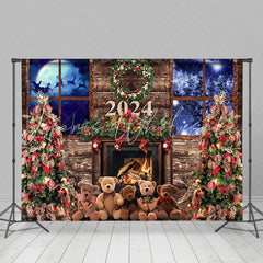 Lofaris Vintage Wood Fireplace Window Night Xmas Backdrop