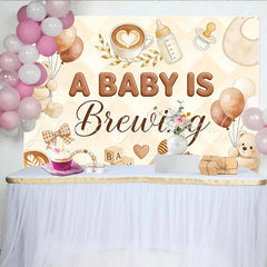 Lofaris Warm Brown A Baby Is Brewing Baby Shower Backdrop with Teddy Bears and Balloons Coffee Themed Background for Gender Reveal Party