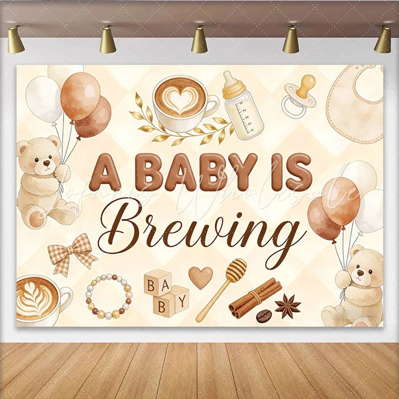 Lofaris Warm Brown A Baby Is Brewing Baby Shower Backdrop with Teddy Bears and Balloons Coffee Themed Background for Gender Reveal Party