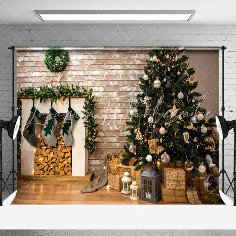 Lofaris Warm Log Style Trees Fireplace Christmas Backdrop