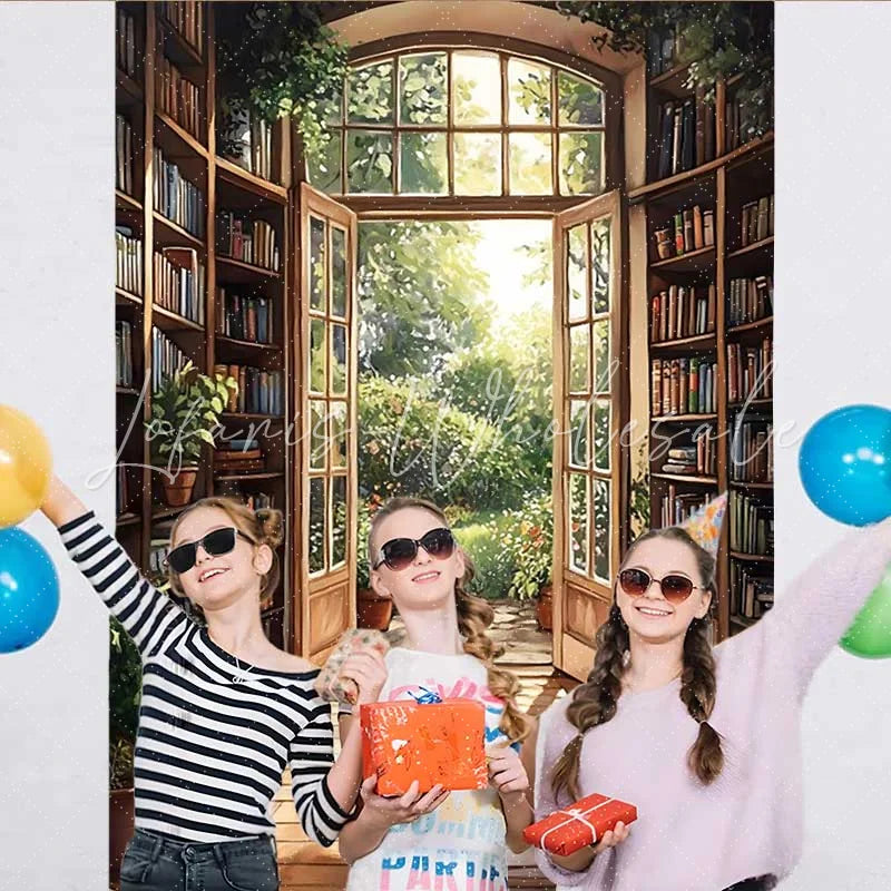 Lofaris Warm Sunlight Library Backdrop Open Door to Blooming Flower Garden for Romantic Portrait