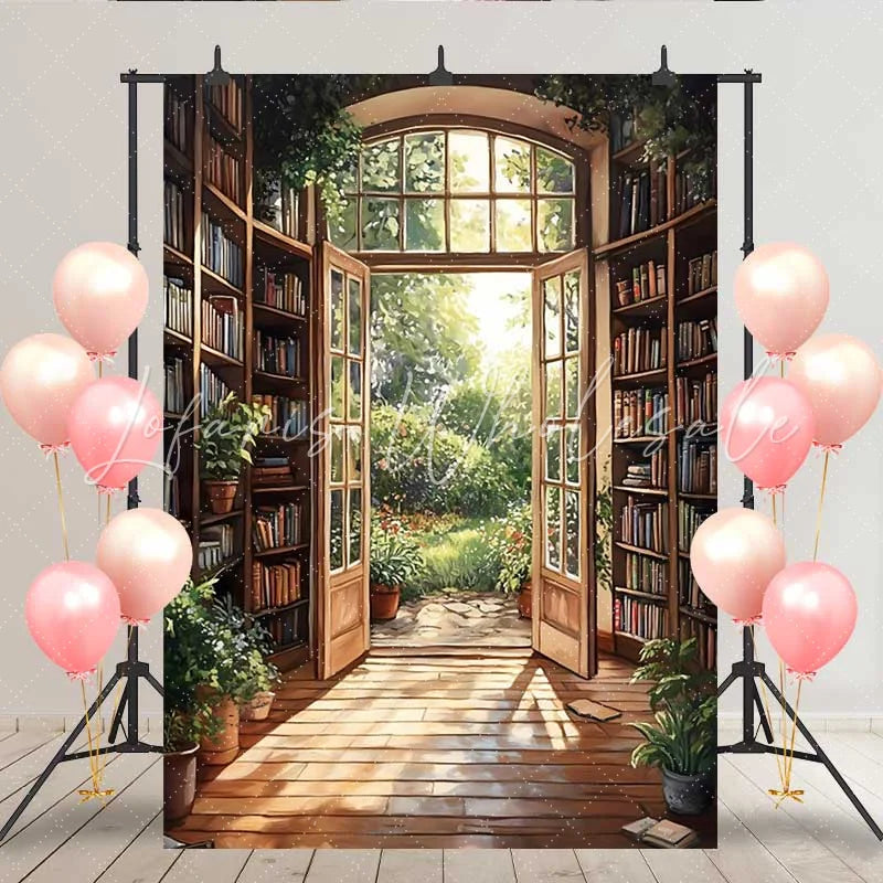 Lofaris Warm Sunlight Library Backdrop Open Door to Blooming Flower Garden for Romantic Portrait