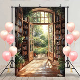 Lofaris Warm Sunlight Library Backdrop Open Door to Blooming Flower Garden for Romantic Portrait