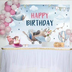 Lofaris Watercolor Airplane Birthday Backdrop Hot Air Balloon and Cloud Sky Party Background for Boys