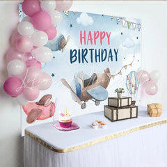 Lofaris Watercolor Airplane Birthday Backdrop Hot Air Balloon and Cloud Sky Party Background for Boys