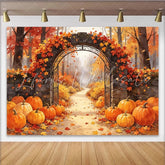Lofaris Watercolor Autumn Archway Backdrop with Pumpkins Vibrant Fall Leaves Photography Background for Holiday Decor