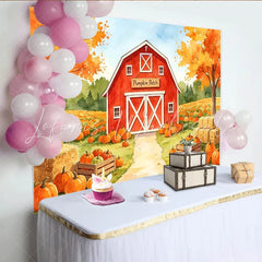 Lofaris Watercolor Autumn Pumpkin Patch Backdrop with Red Barn and Fall Trees Harvest Festival Photography Background for Thanksgiving Decor