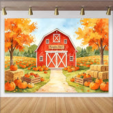 Lofaris Watercolor Autumn Pumpkin Patch Backdrop with Red Barn and Fall Trees Harvest Festival Photography Background for Thanksgiving Decor
