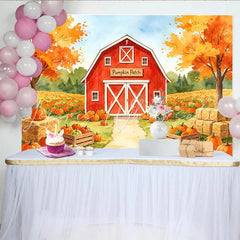 Lofaris Watercolor Autumn Pumpkin Patch Backdrop with Red Barn and Fall Trees Harvest Festival Photography Background for Thanksgiving Decor