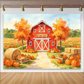 Lofaris Watercolor Autumn Pumpkin Patch Backdrop with Red Barn and Hay Bales Fall Harvest Photography Background for Halloween Party Decor