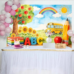 Lofaris Watercolor Back to School Photography Backdrop with School Bus Apple Tree and Rainbow Educational Studio Background for Photo