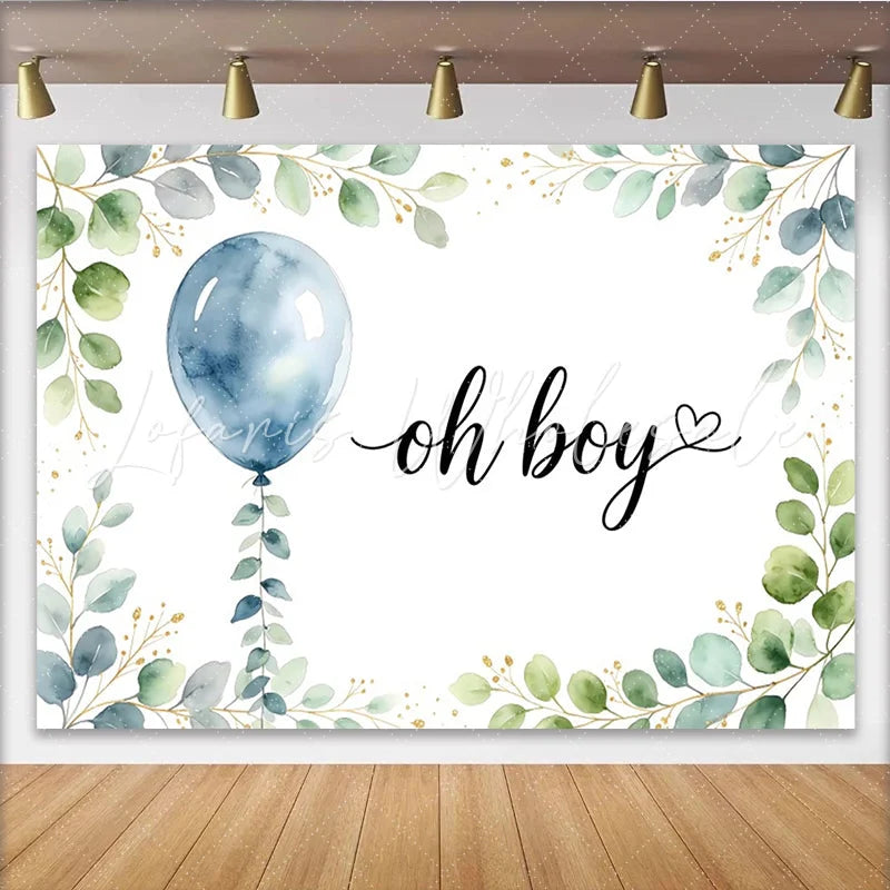 Lofaris Watercolor Blue Balloon Eucalyptus Oh Boy Baby Shower Backdrop Greenery Gold Glitter Photo Background for Gender Reveal Party