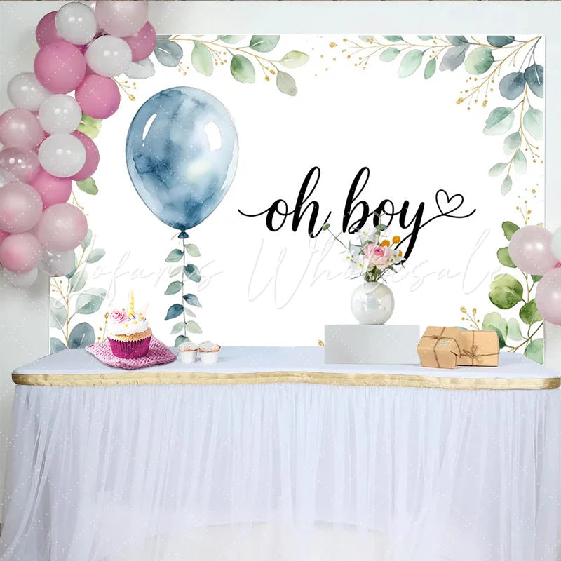 Lofaris Watercolor Blue Balloon Eucalyptus Oh Boy Baby Shower Backdrop Greenery Gold Glitter Photo Background for Gender Reveal Party