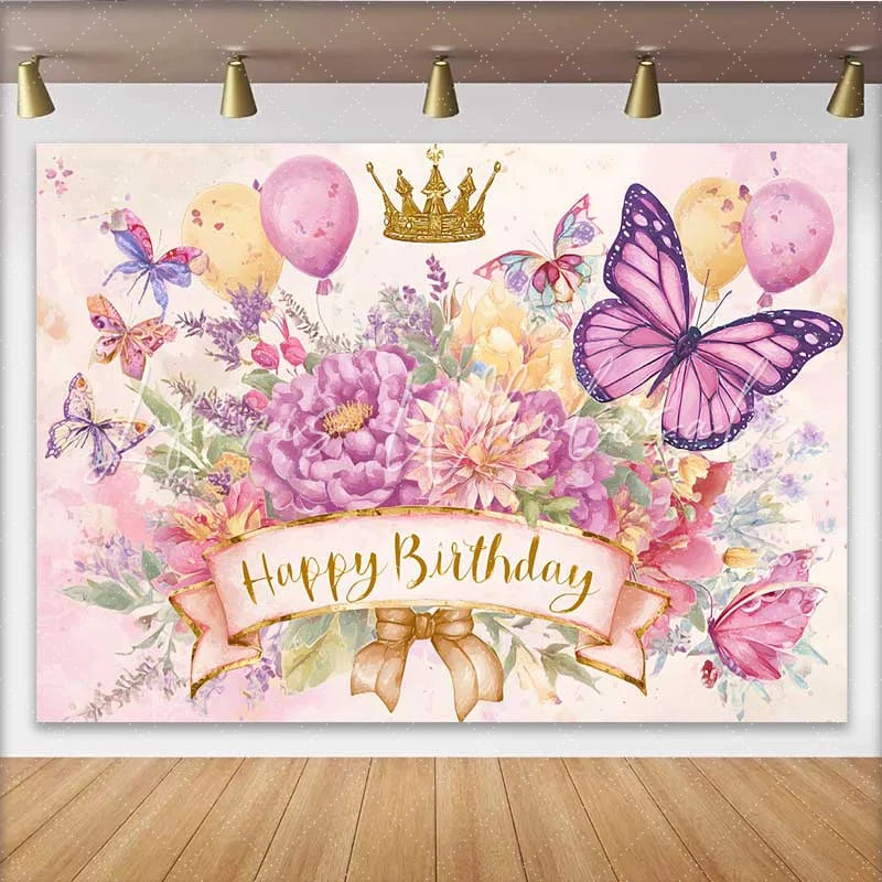 Lofaris Watercolor Butterfly Birthday Backdrop Pink Floral Gold Crown Background Girl Princess Party Prop