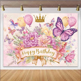 Lofaris Watercolor Butterfly Birthday Backdrop Pink Floral Gold Crown Background Girl Princess Party Prop