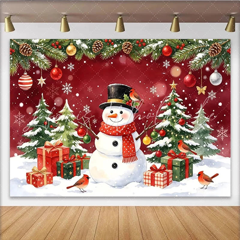 Lofaris Watercolor Christmas Backdrop with Snowman Pine Trees and Gift Boxes Festive Winter Holiday Background for Family Photoshoot