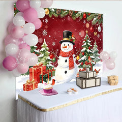 Lofaris Watercolor Christmas Backdrop with Snowman Pine Trees and Gift Boxes Festive Winter Holiday Background for Family Photoshoot