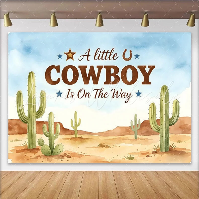 Lofaris Watercolor Desert Cowboy Baby Shower Backdrop with Cacti A Little Cowboy Is On The Way Party Background for Photography