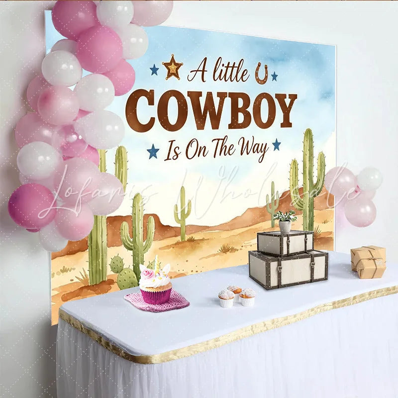 Lofaris Watercolor Desert Cowboy Baby Shower Backdrop with Cacti A Little Cowboy Is On The Way Party Background for Photography