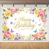 Lofaris Watercolor Floral Butterfly Happy Birthday Backdrop with Glitter Elegant Party Decoration Background for Girls Photoshoot