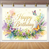 Lofaris Watercolor Floral Butterfly Happy Birthday Backdrop with Glitter Pastel Party Decoration Background for Photoshoot