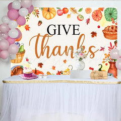 Lofaris Watercolor Give Thanks Thanksgiving Backdrop with Pumpkins Leaves and Harvest Elements Festive Fall for Dinner Party Decor