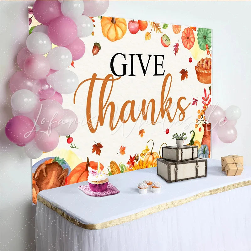Lofaris Watercolor Give Thanks Thanksgiving Backdrop with Pumpkins Leaves and Harvest Elements Festive Fall for Dinner Party Decor