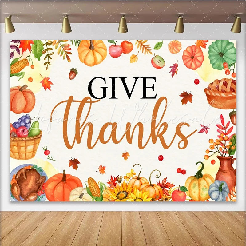 Lofaris Watercolor Give Thanks Thanksgiving Backdrop with Pumpkins Leaves and Harvest Elements Festive Fall for Dinner Party Decor