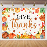 Lofaris Watercolor Give Thanks Thanksgiving Backdrop with Pumpkins Leaves and Harvest Elements Festive Fall for Dinner Party Decor